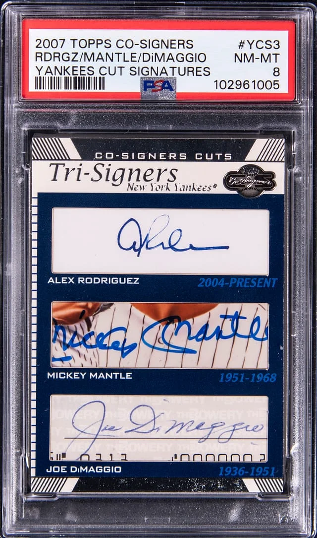 2007 Topps Alex Rodriguez/Mickey Mantle/Joe DiMaggio Multi-Signed Co-Signers Yankees Cut Signatures #YCS3 card image