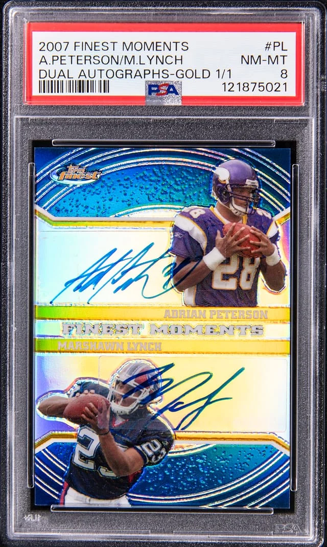 2007 Topps Finest Adrian Peterson/Marshawn Lynch Dual Moments Dual Autographs Gold #FMDA-PL card image