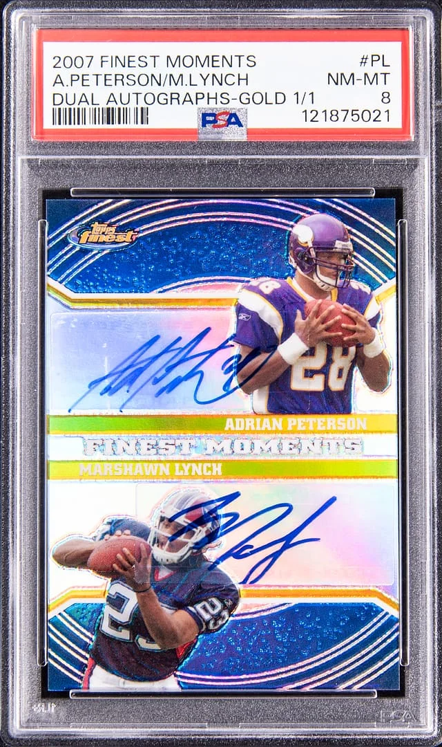 2007 Topps Finest Adrian Peterson/Marshawn Lynch Moments Dual Autographs Gold #FMDA-PL card image