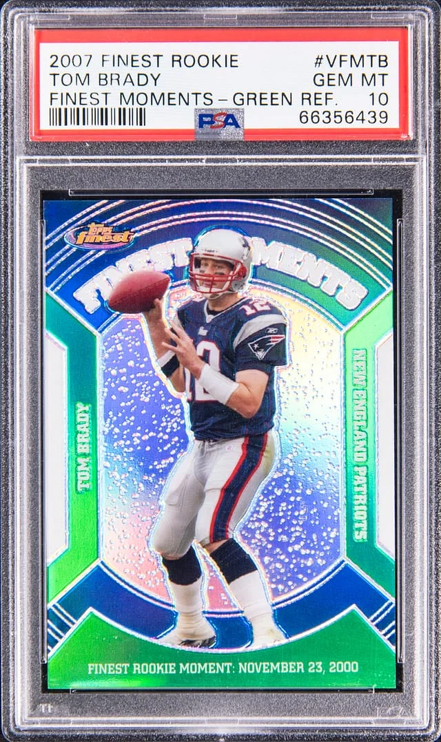 2007 Topps Finest Tom Brady Finest Moments Green Refractor #VFM-TB card image