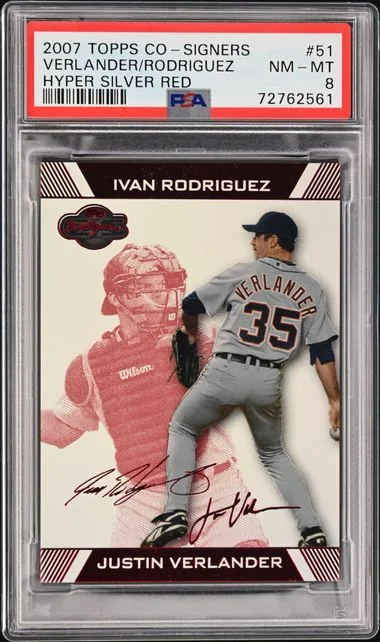 2007 Topps Ivan Rodriguez/Justin Verlander Co-Signers Hyper Silver Red #51 card image