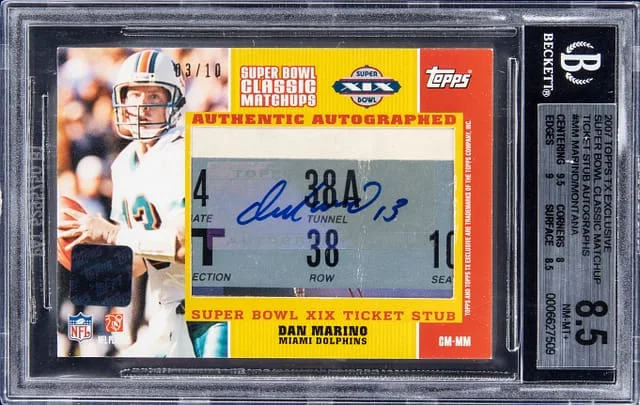 2007 Topps Joe Montana, Dan Marino Dual TX Exclusive Super Bowl Classic Matchup Ticket Stub Autographs #MM card image