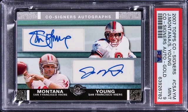 2007 Topps Joe Montana/Steve Young Co-Signers Gold #CSA-YM card image