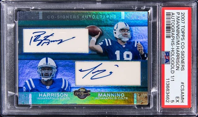 2007 Topps Peyton Manning/Marvin Harrison Dual Co-Signers Autographs Hologold #CSA-MH card image