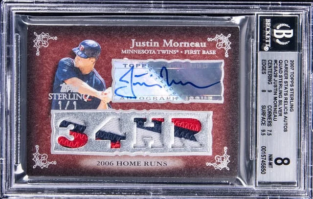 2007 Topps Sterling Justin Morneau Career Stats Relics Autographs Quad Sterling Silver #4CSA-29 card image