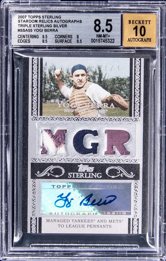2007 Topps Sterling Yogi Berra Stardom Relics Autographs Triple Sterling Silver #3SSA-55 card image