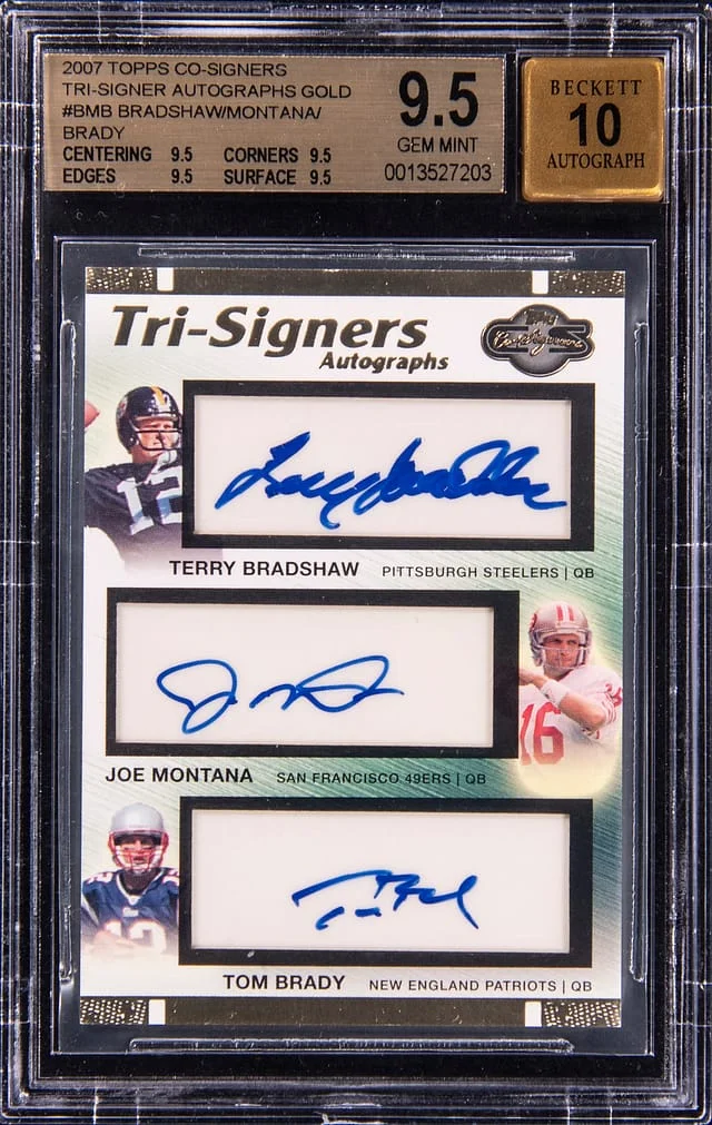 2007 Topps Terry Bradshaw/Joe Montana/Tom Brady Multi-Signed Co-Signers Tri-Signer Autographs Gold #TSA-BMB card image