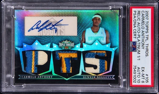 2007 Topps Triple Threads Carmelo Anthony Relic Autograph Platinum 1/1 #105 card image