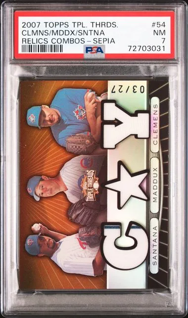 2007 Topps Triple Threads Greg Maddux/Johan Santana/Roger Clemens Relics Combos Sepia #54 card image