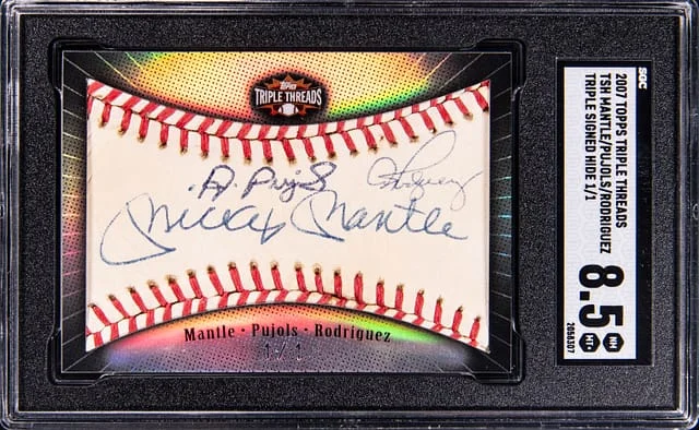 2007 Topps Triple Threads Mickey Mantle/Albert Pujols/Alex Rodriguez Triple-Signed Triple Signed Hide #TSH-MPR card image