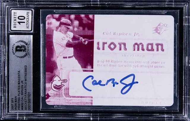 2007 UD SPx Iron Man Magenta Printing Plate Cal Ripken Jr. #IM30 card image