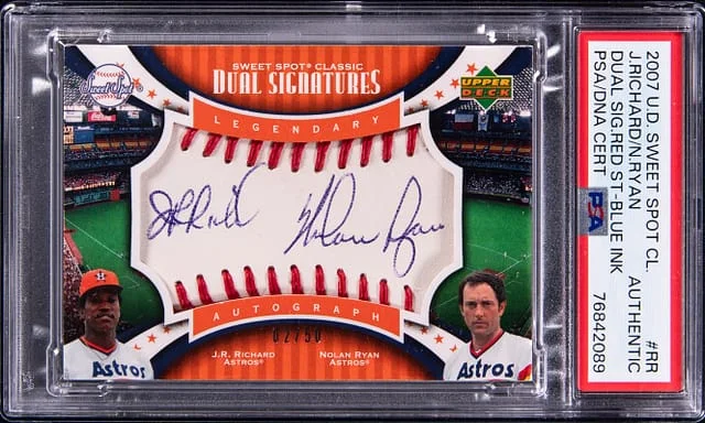 2007 UD Sweet Spot Classic Dual Signatures Red Stitch Blue Ink J.R. Richard/Nolan Ryan #RR card image