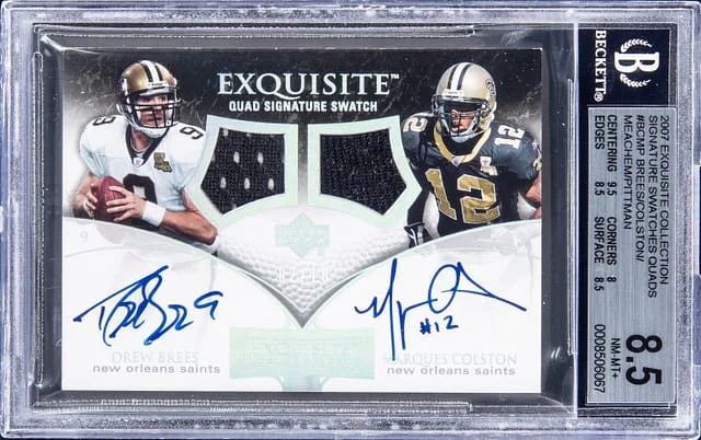 2007 Upper Deck Exquisite Collection Brees/Colston/Meachem/Pittman Quad Signature Swatches Quads #QSS-BCMP card image