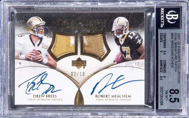 2007 Upper Deck Exquisite Collection Drew Brees/Robert Meachem Dual Dual Signature Patch #DSS-BN card image