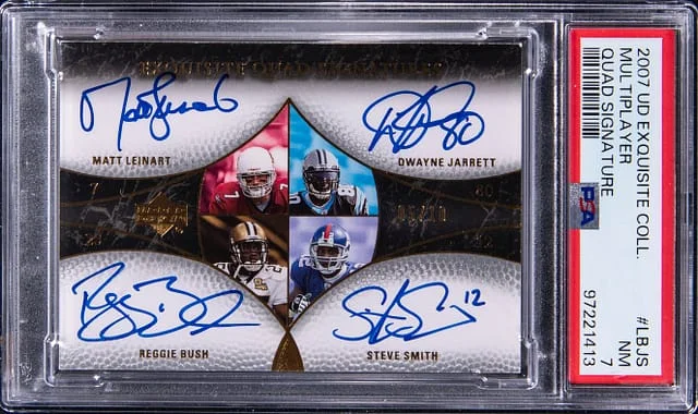 2007 Upper Deck Exquisite Collection Matt Leinart/Dwayne Jarrett/Steve Smith/Reggie Bush Multi-Signed Quad Signature #EQS-LBJS card image