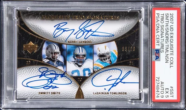 2007 Upper Deck Exquisite Collection Trio Signatures Emmitt Smith/Barry Sanders/LaDainian Tomlinson Multi-Signed #no-number card image