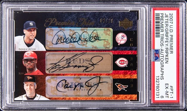 2007 Upper Deck Premier Derek Jeter/Ken Griffey Jr./Cal Ripken Jr. Multi-Signed Card - Jeter's Jersey Number Trios Autographs #PT-1 card image