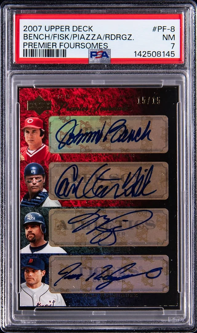 2007 Upper Deck Premier Johnny Bench/Carlton Fisk/Mike Piazza/Ivan Rodriguez Multi-Signed Foursomes #PF-8 card image