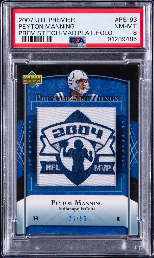 2007 Upper Deck Premier Peyton Manning Premium Stitch Variation Platinum Holo #PS-93 card image