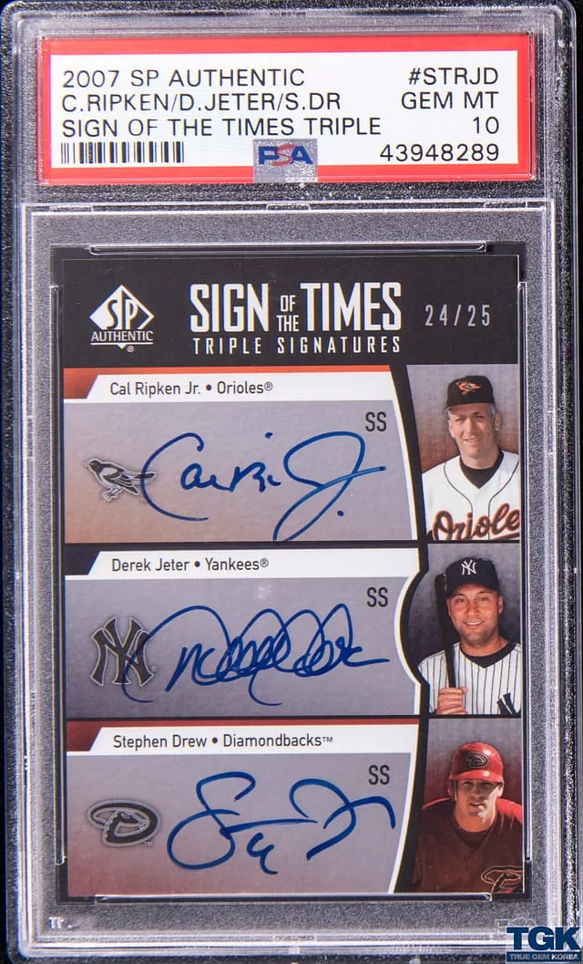 2007 Upper Deck SP Authentic Cal Ripken Jr/Derek Jeter/Stephen Drew Multi-Signed Sign of the Times Triple Autograph #STRJD card image