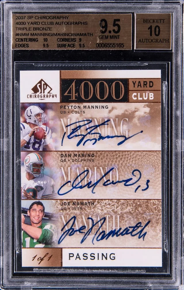 2007 Upper Deck SP Peyton Manning/Dan Marino/Joe Namath Multi-Signed Chirography 4000 Yard Club Autographs Triple Bronze #4KT-NMM card image
