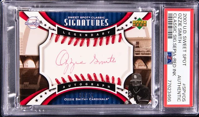 2007 Upper Deck Sweet Spot Classic Ozzie Smith Legendary Signatures Sepia Red Ink #SPV-OS card image