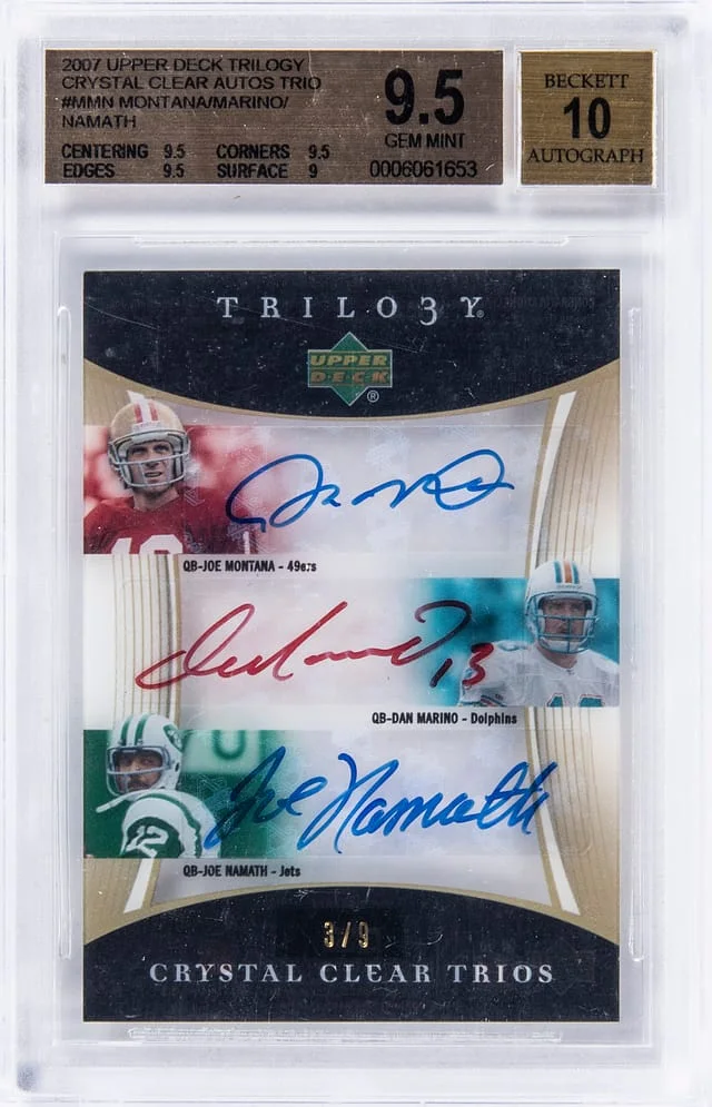 2007 Upper Deck Trilogy Joe Montana, Dan Marino, Joe Namath Triple Crystal Clear Autograph Trio #MMN card image