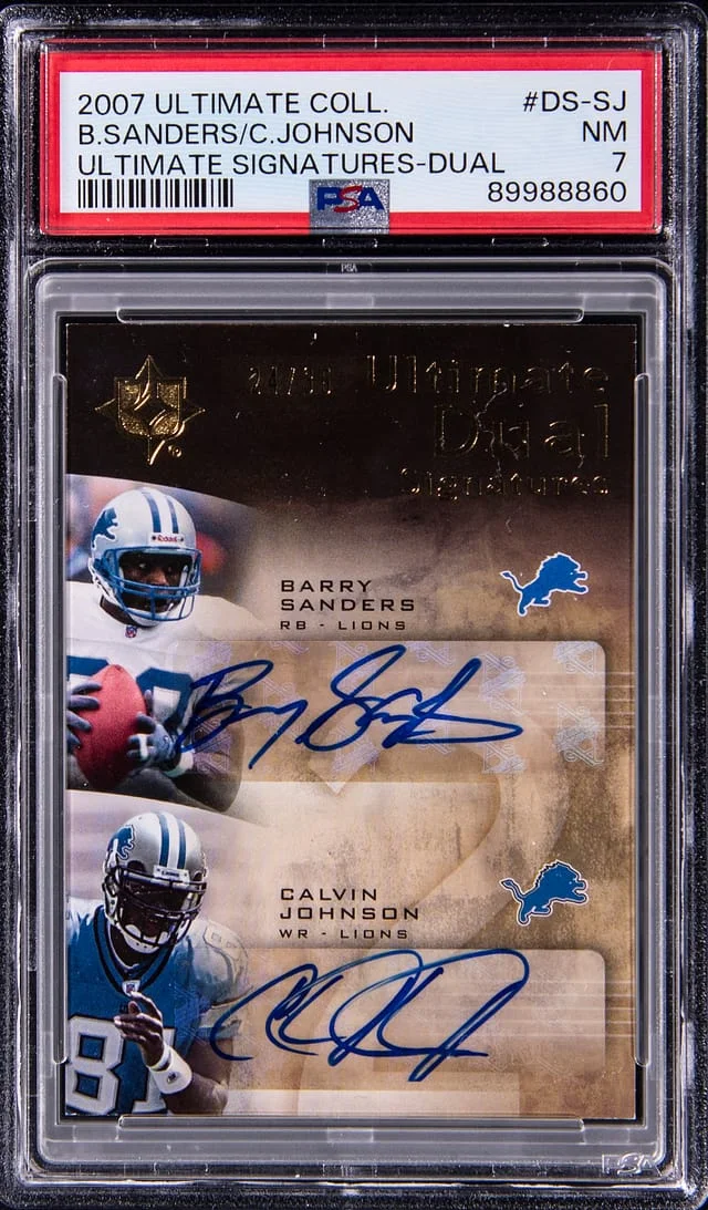 2007 Upper Deck Ultimate Collection Barry Sanders/Calvin Johnson Ultimate Signatures Dual #DS-SJ card image