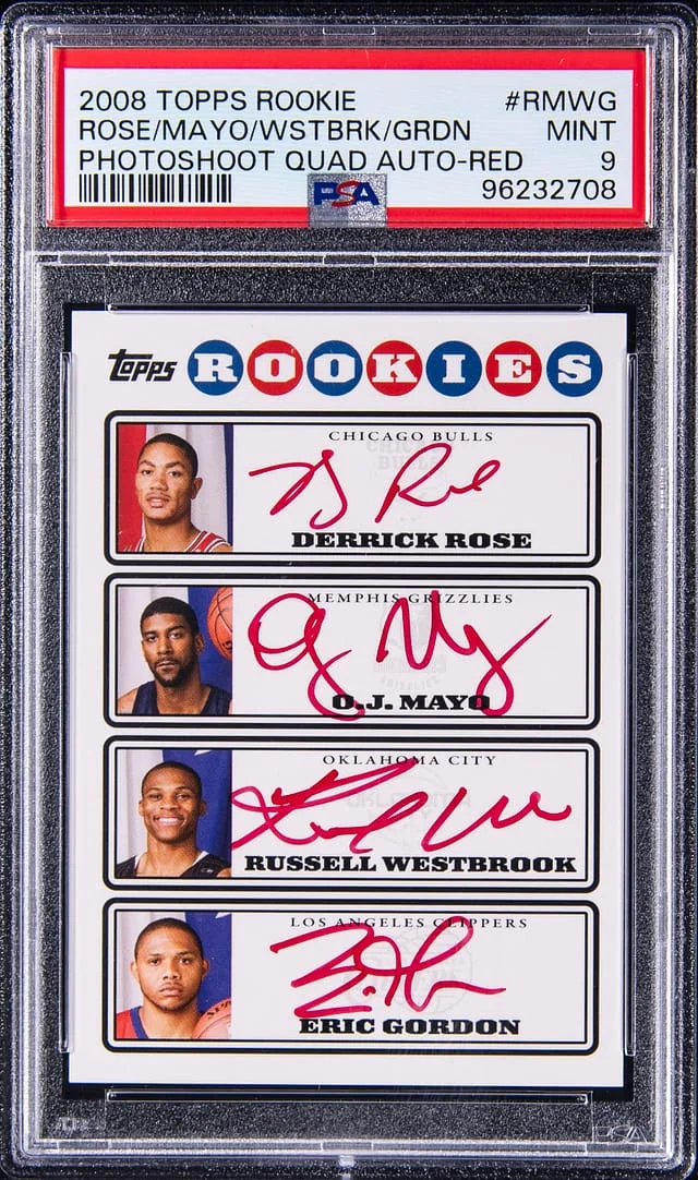 2008-09 Topps Derrick Rose/O.J. Mayo/Russell Westbrook/Eric Gordon Multi-Signed Photoshoot Quad Autographs Red #RPQ-RMWG card image