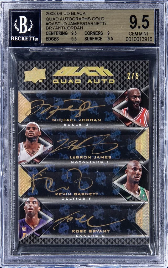 2008-09 UD Black LeBron James/Kevin Garnett/Kobe Bryant/Michael Jordan Multi-Signed Quad Autographs Gold #QA-STUD card image