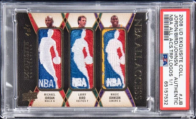 2008-09 UD Exquisite Collection NBA All Access Triple Logos Michael Jordan/Larry Bird/Magic Johnson Game-Used Logoman #TRIP-JJB card image