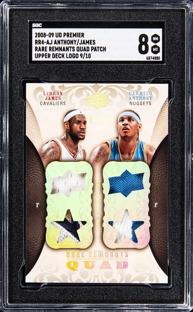 2008-09 UD Premier LeBron James, Carmelo Anthony Quad Rare Remnants Quad Patch #RR4-AJ card image