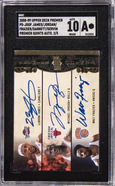 2008-09 UD Premier LeBron James/Michael Jordan/Walt Frazier/Kevin Garnett/George Gervin Multi-Signed Quints Autographs #P5-JGGJF card image