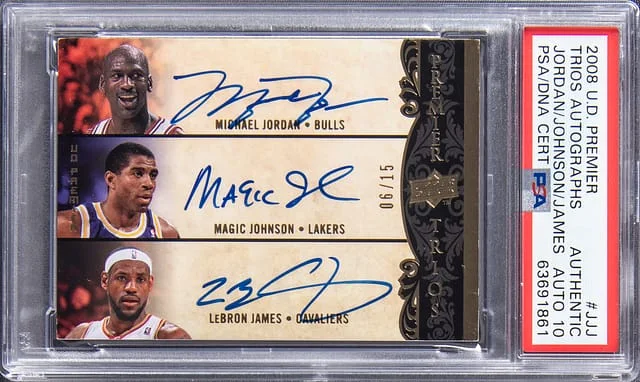 2008-09 UD Premier Michael Jordan/Magic Johnson/LeBron James Multi-Signed Card – Jersey Number Trios Autograph #P3-JJJ card image