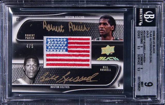 2008-09 Upper Deck Black Bill Russell/Robert Parish Flag Autographs Dual Gold #DUS-RP card image