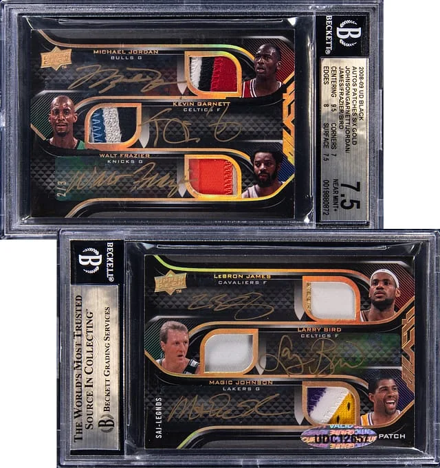 2008-09 Upper Deck Black Michael Jordan/LeBron James/Kevin Garnett/Walt Frazier/Larry Bird/Magic Johnson Multi-Signed Game-Used Auto Patches Six Gold #SAJ-LEGNDS card image