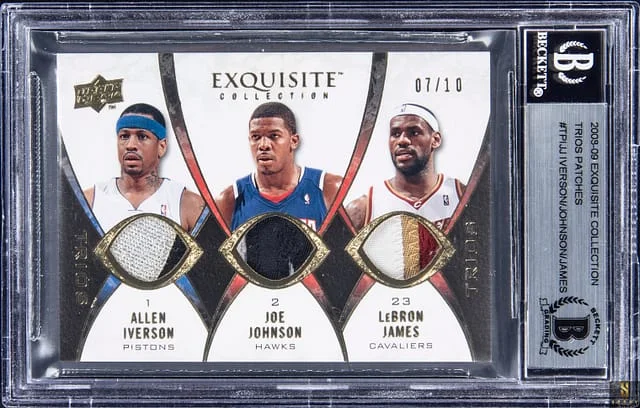 2008-09 Upper Deck Exquisite Collection Allen Iverson/Joe Johnson/LeBron James Game-Used Trios Patches #TP-IJJ card image