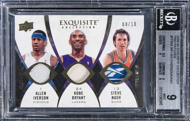 2008-09 Upper Deck Exquisite Collection Allen Iverson/Kobe Bryant/Steve Nash Game-Used Trio Patches #TP-BNI card image