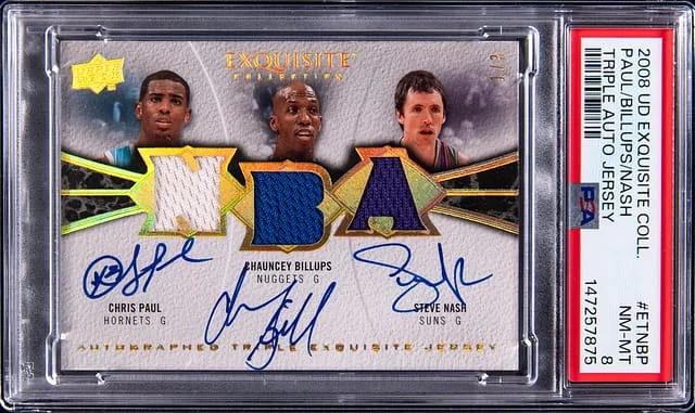 2008-09 Upper Deck Exquisite Collection Chris Paul/Chauncey Billups/Steve Nash Multi-Signed Game-Used Triple Autograph Jersey #ET-NBP card image