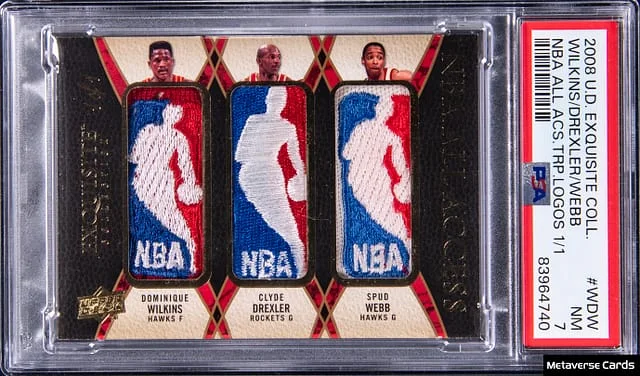 2008-09 Upper Deck Exquisite Collection Dominique Wilkins/Clyde Drexler/Spud Webb Game-Used NBA All Access Triple Logos Logoman #TRIP-WDW card image