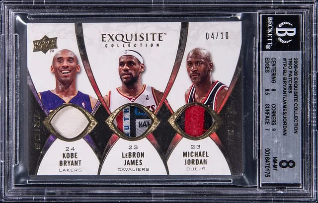 2008-09 Upper Deck Exquisite Collection Kobe Bryant/LeBron James/Michael Jordan Game-Used Trios Patches #TP-JBJ card image