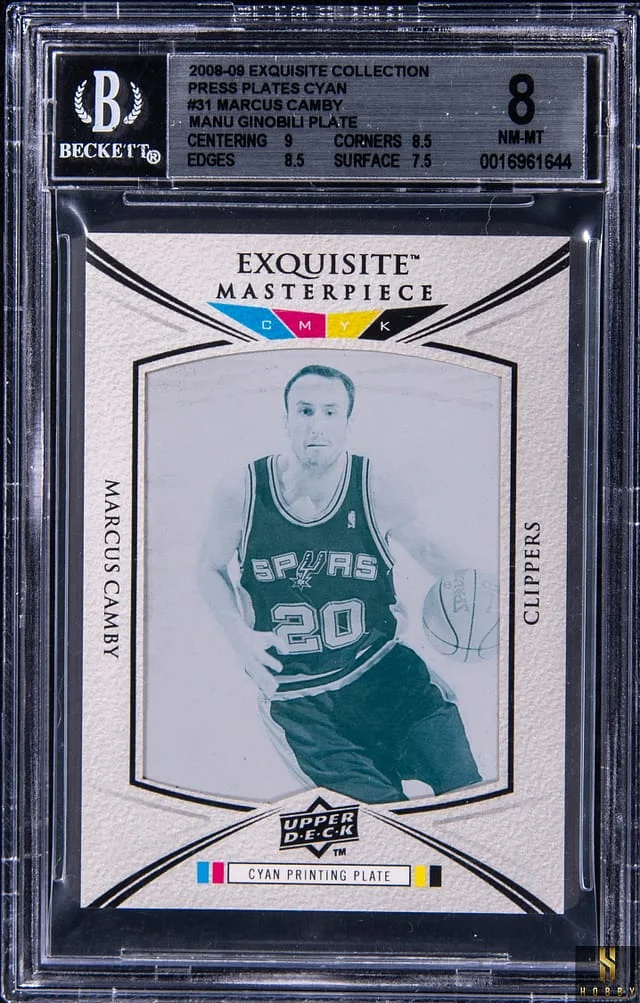 2008-09 Upper Deck Exquisite Collection Manu Ginobili/Marcus Camby Press Plate Cyan #PP-31 card image
