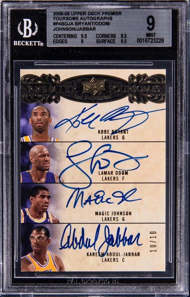 2008-09 Upper Deck Premier Kobe Bryant/Magic Johnson/Lamar Odom/Karem Abdul-Jabbar Multi-Signed Foursome Autographs #P4-BOJA card image