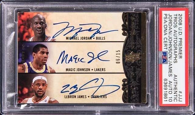 2008-09 Upper Deck Premier Michael Jordan/Magic Johnson/LeBron James Multi-Signed Card - James' Jersey Number Trios Autographs #P3-JJJ card image