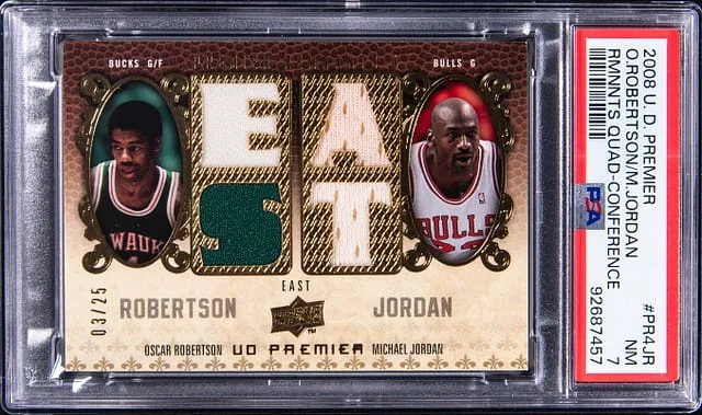 2008-09 Upper Deck Premier Oscar Robertson/Michael Jordan Remnants Quad Conference #PR4-JR card image