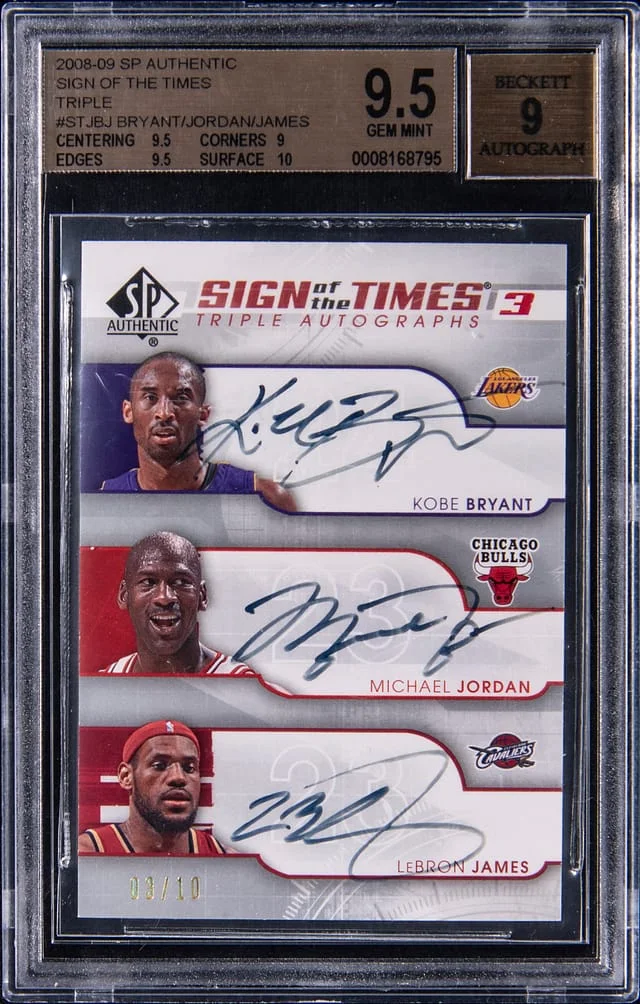 2008-09 Upper Deck SP Authentic Kobe Bryant/Michael Jordan/LeBron James Multi-Signed Sign Of The Times Triple #ST-JBJ card image