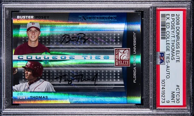 2008 Donruss Elite Buster Posey/Tony Thomas Extra College Ties Autographs #CTC-30 card image