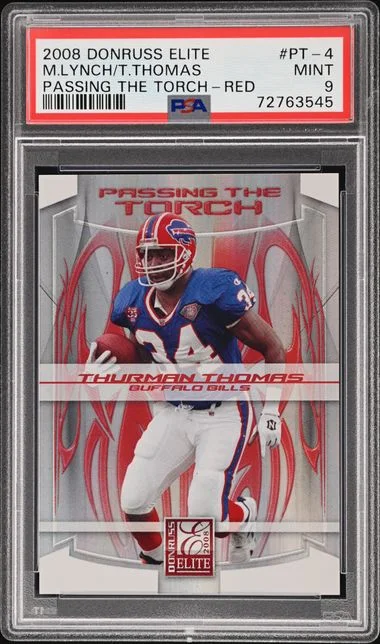 2008 Donruss Elite Marshawn Lynch/Thurman Thomas Passing The Torch Red #Pt-4 card image
