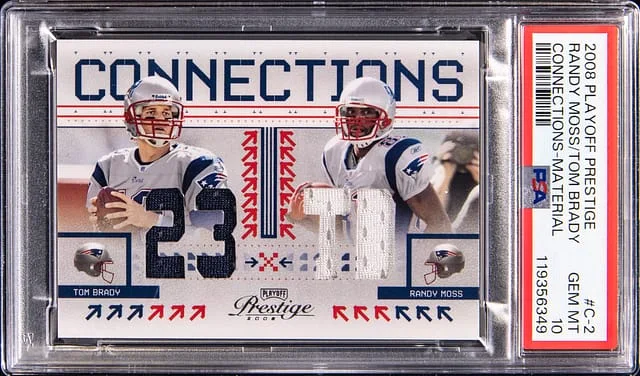 2008 Donruss Randy Moss/Tom Brady Game-Used Playoff Prestige Connections Material #C-2 card image