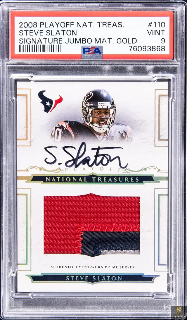 2008 Donruss Steve Slaton Playoff National Treasures Signature Jumbo Materials Gold #110 card image